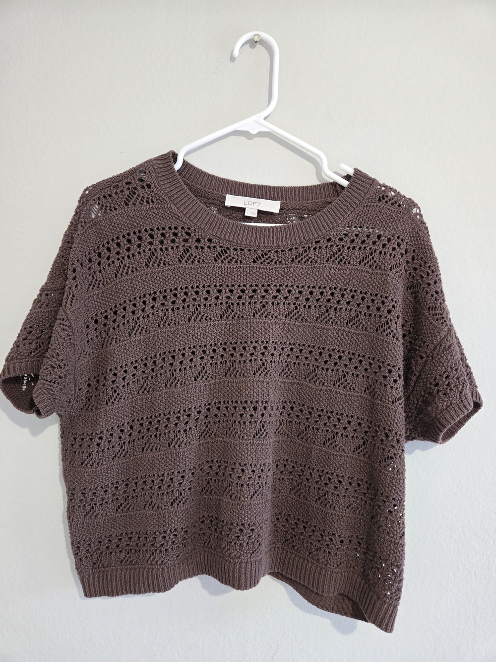 LOFT Deepest Brown Pointelle Knit Short Sleeve Sweater Tee